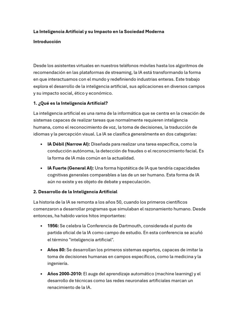 La Inteligencia Artificial y Su Impacto en La Sociedad Moderna | PDF