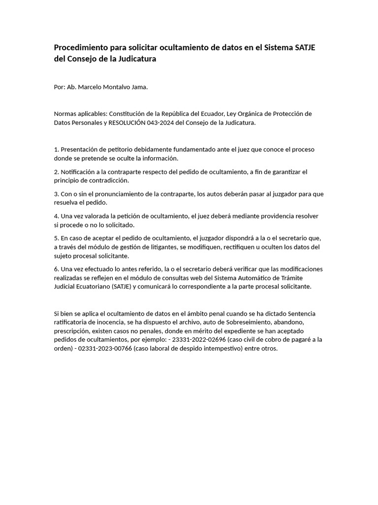 Procedimiento para solicitar ocultamiento de datos en el sistema satje