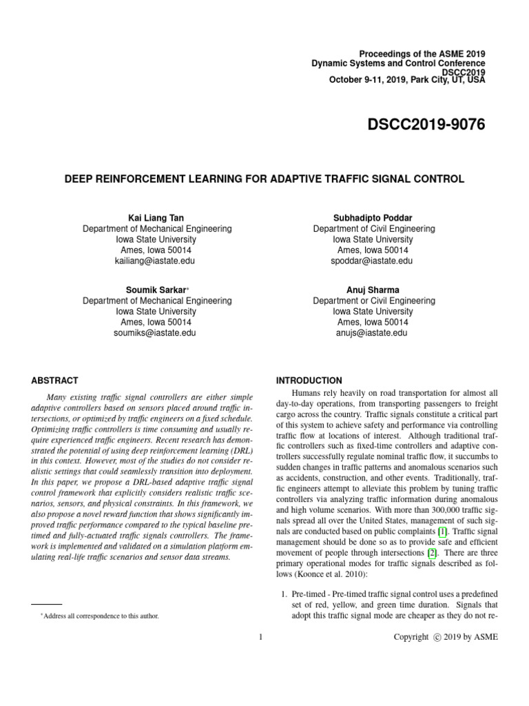 DSCC2019-9076: Deep Reinforcement Learning For Adaptive Traffic Signal ...