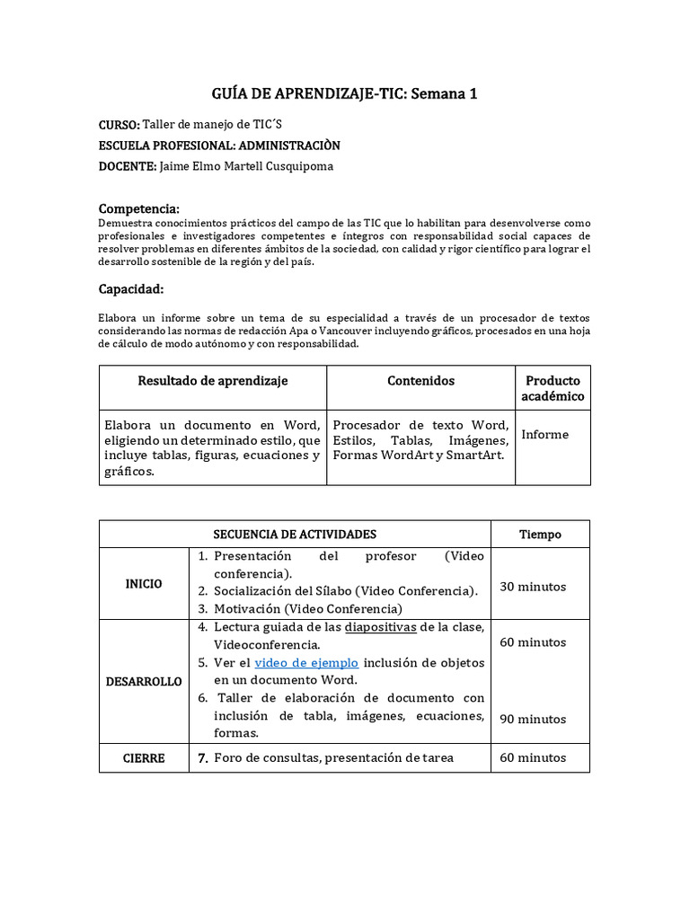 Guía de Aprendizaje TIC: Informe Word | PDF | Vídeo | Microsoft Word