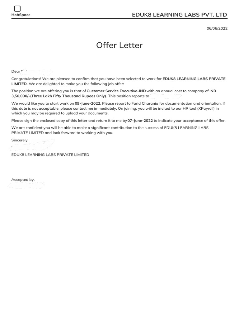 Offer Letter: Eduk8 Learning Labs Pvt. LTD | PDF