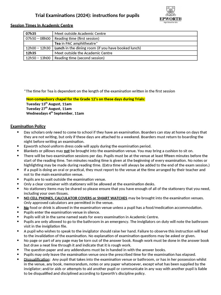 Exam Instructions - Pupils - Trials 2024 | PDF