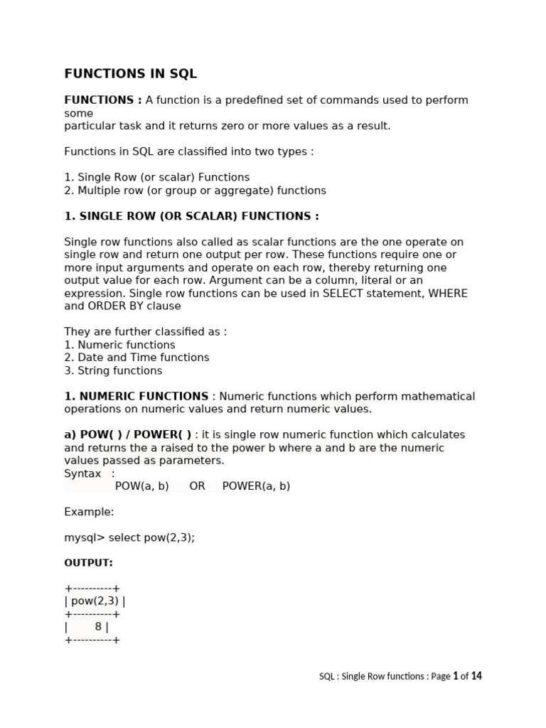 Functions in sql 2023 pdf