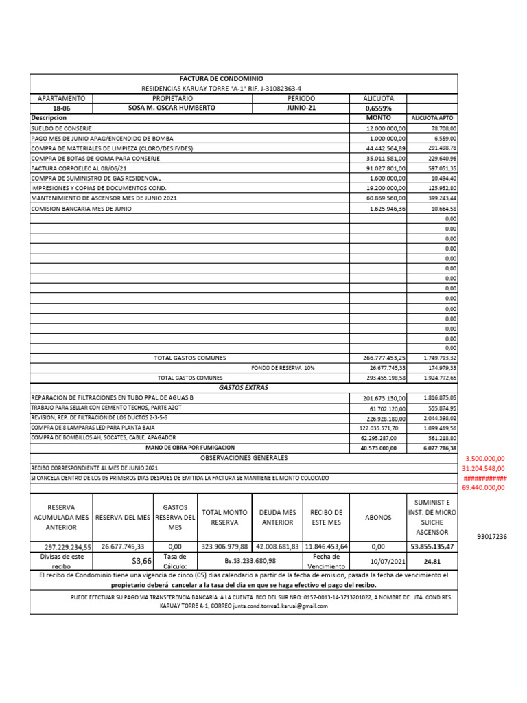 Factura de Condominio: Alicuota Apto | PDF