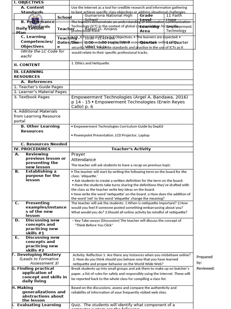 Grade 11 Empowerment Tech Lesson Plan | PDF | Learning | Teachers