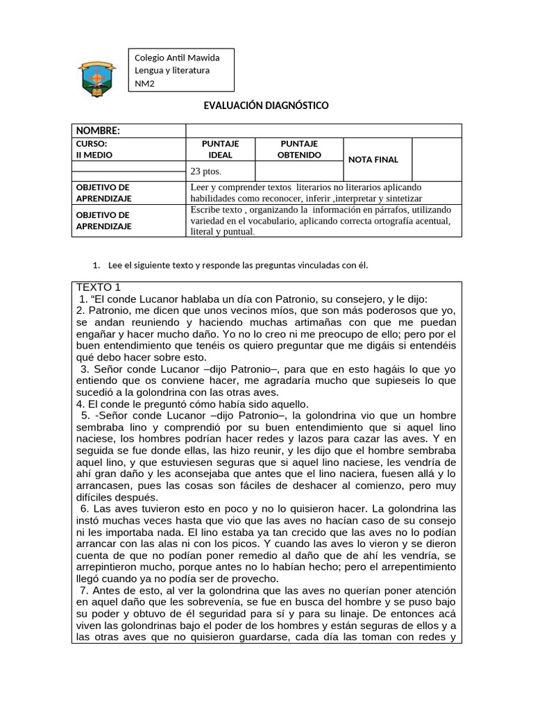 Nm2 evaluaci n diagn stico lengua y literatura pdf