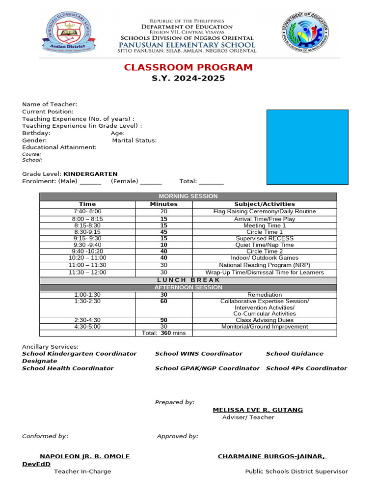 MG Class Program Schedule Kinder | PDF