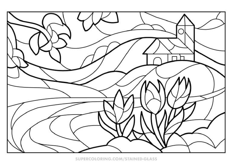 spring-scene-stained-glass-coloring-page | PDF