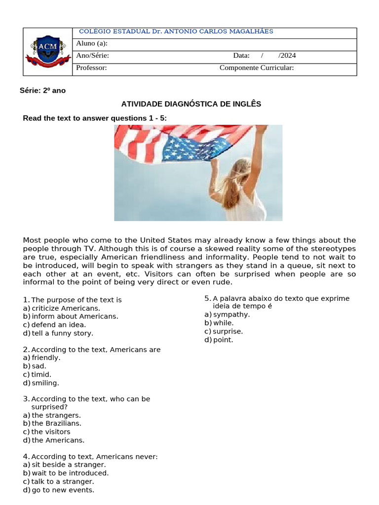 Atividade Diagnóstica de Inglês 2 Ano | PDF