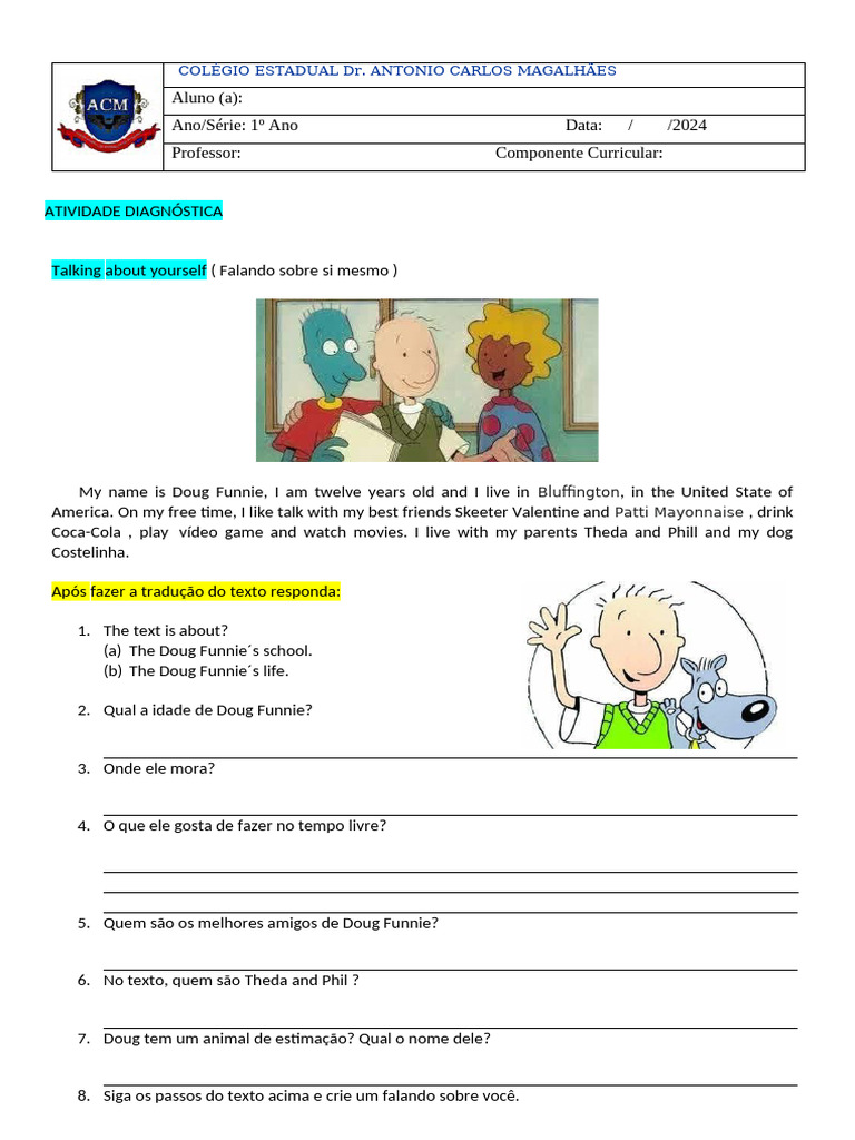 Atividade Diagnóstica de Inglês 1 Ano | PDF