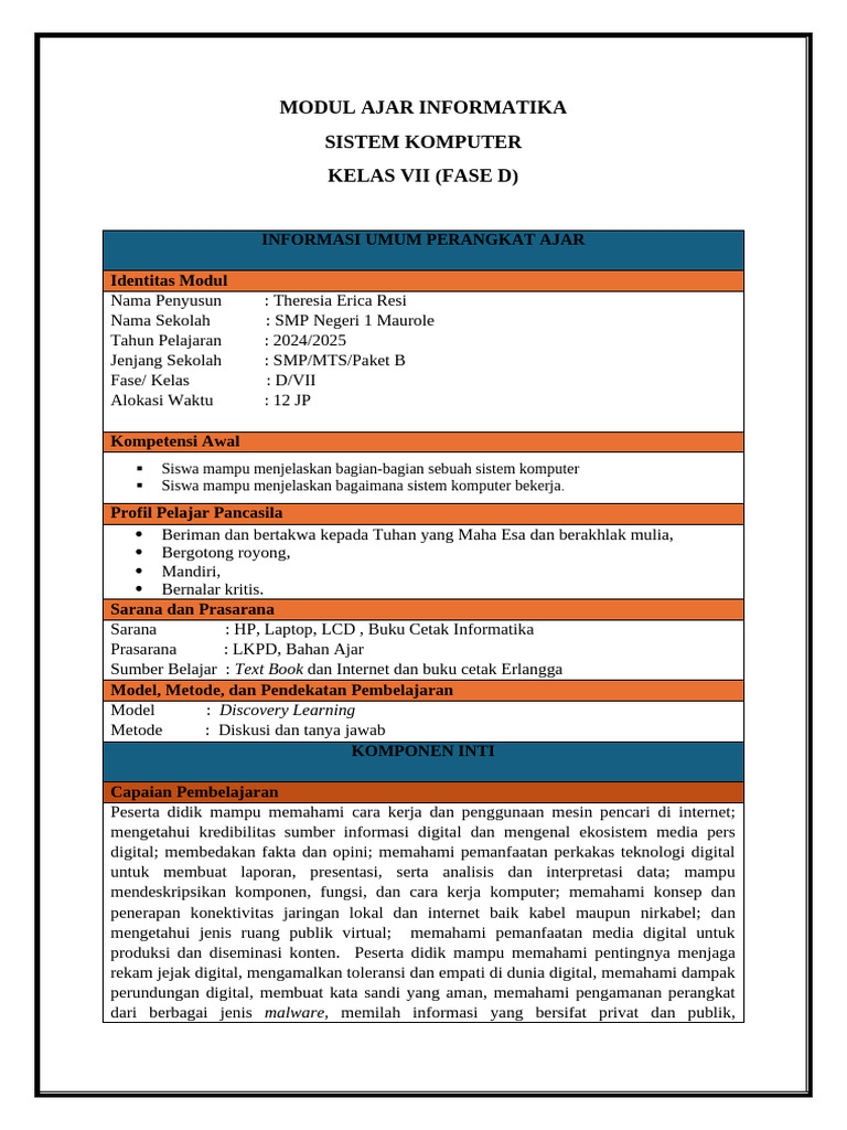 Modul Ajar Informatika Sistem Komputer | PDF