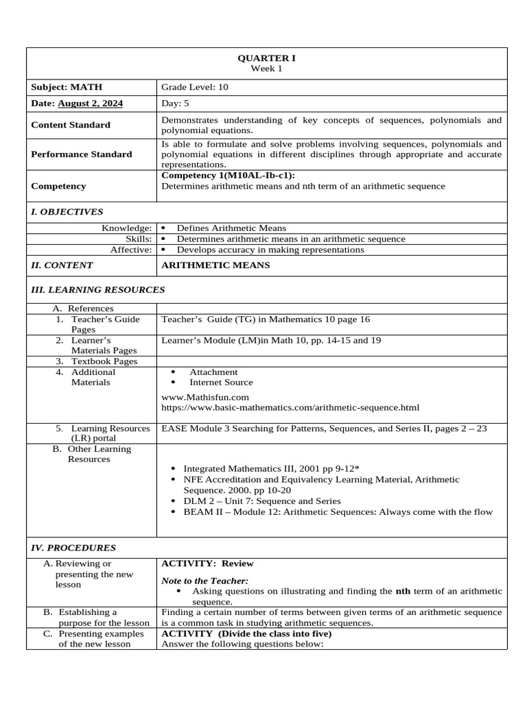 Daily Lesson Plan P-Math-10-Q1-Week-2-Day - 2 | PDF | Mathematics ...