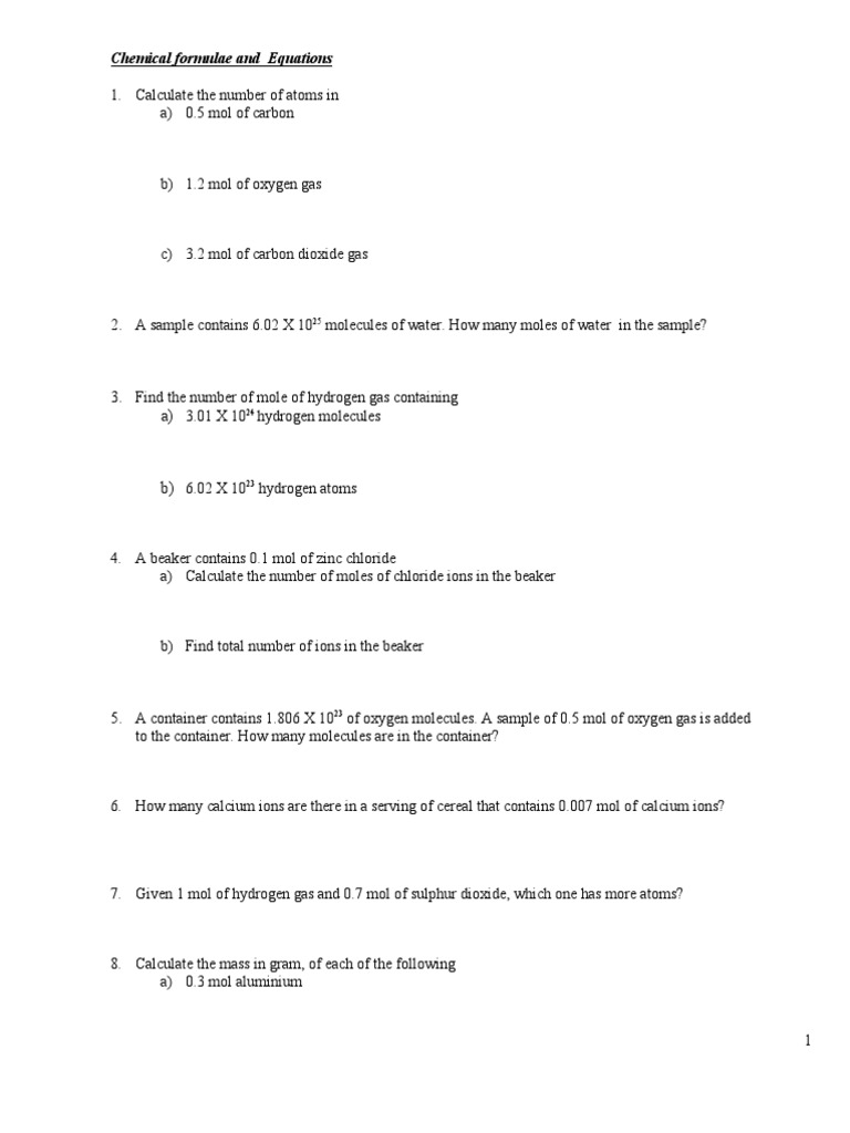 Chemical Formulas and Moles Calculation | PDF | Mole (Unit) | Oxide
