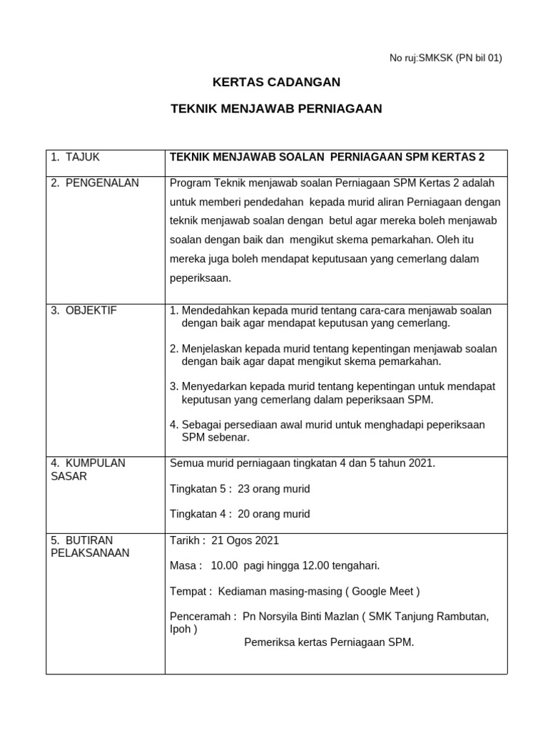 Contoh Kertas Cadangan Format Baru Mulai 1 Oktober 2021 | PDF
