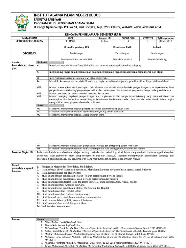 Contoh RPS Metode Studi Islam | PDF