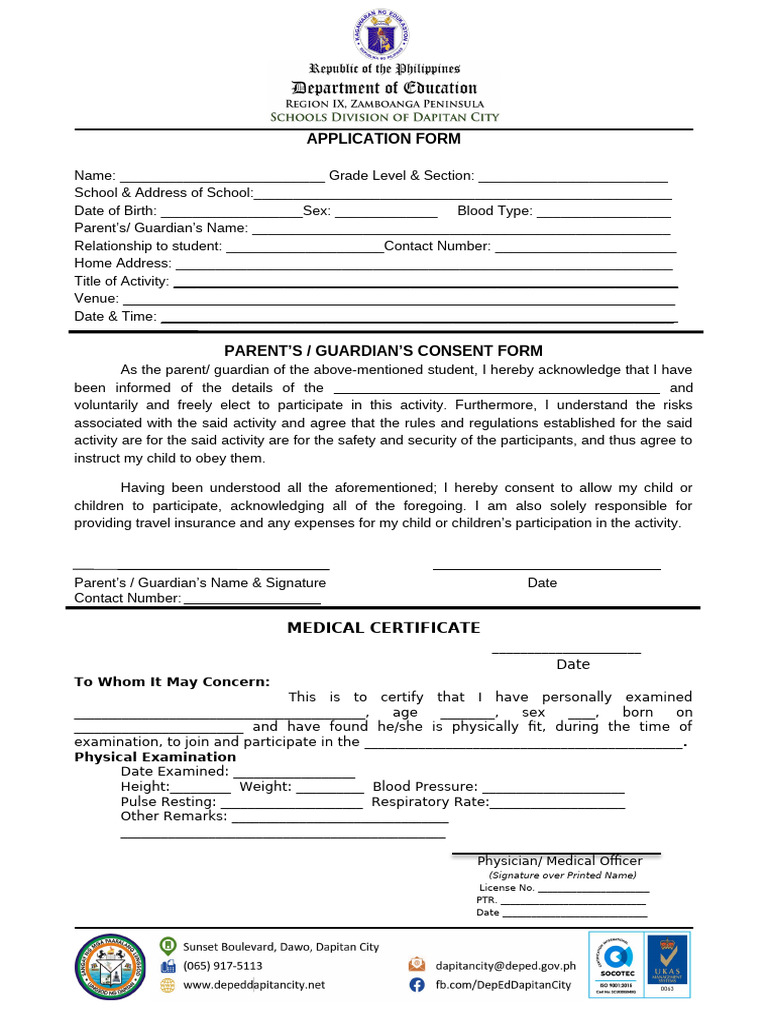 Parent Consent and Medical Certificate Form | PDF | Health Care | Medicine