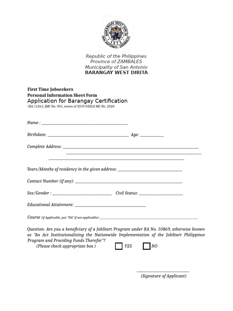 First Time Jobseekers Certification Form | PDF
