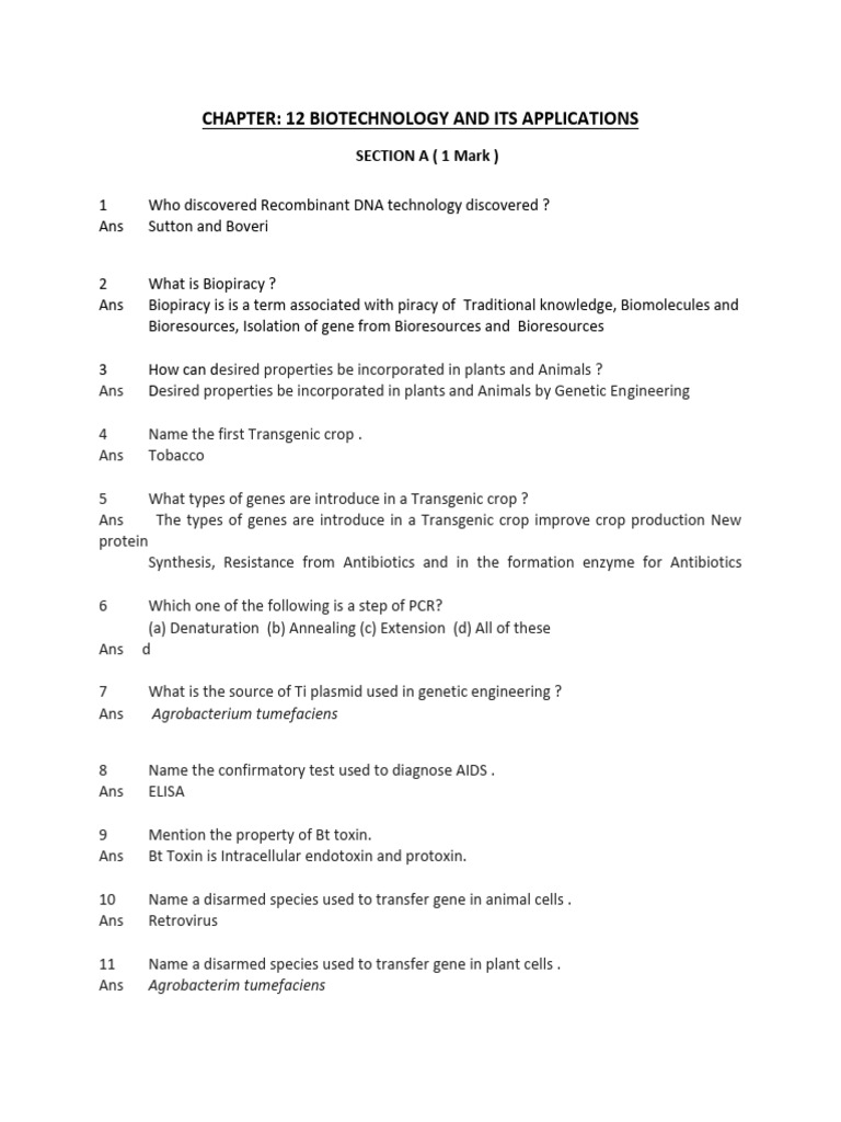 IMP QUE Biotechnology and It's Application | PDF