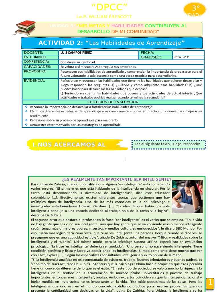 3° DPCC Ficha, Habilidades de Aprendizaje | PDF