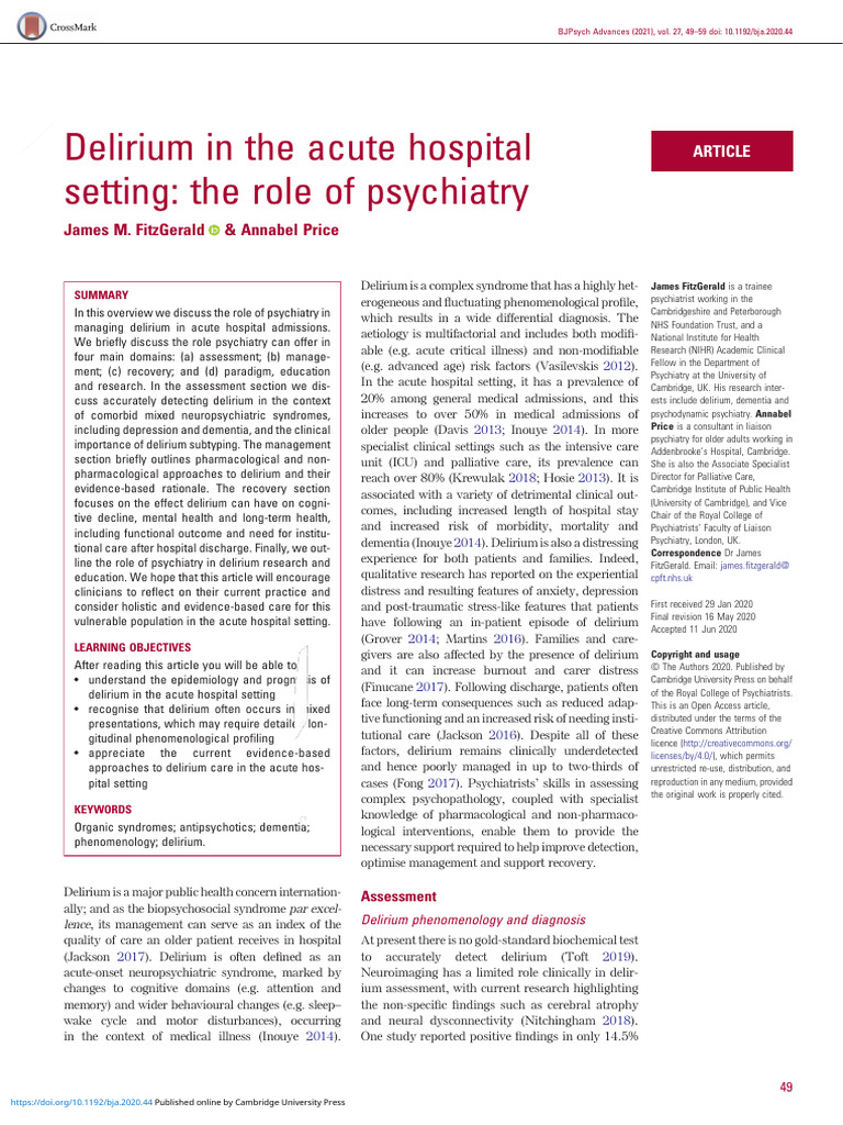 Delirium in The Acute Hospital Setting The Role of Psychiatry | PDF