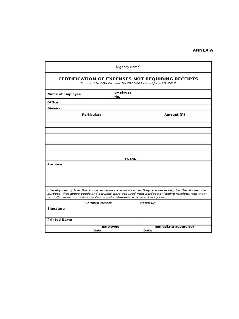 Certification of Expenses Without Receipts | PDF | Finance & Money ...