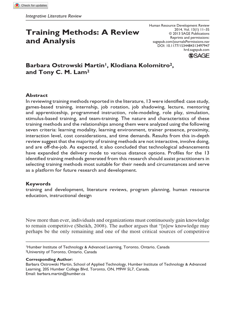 Martin Et Al 2013 Training Methods A Review and Analysis | PDF