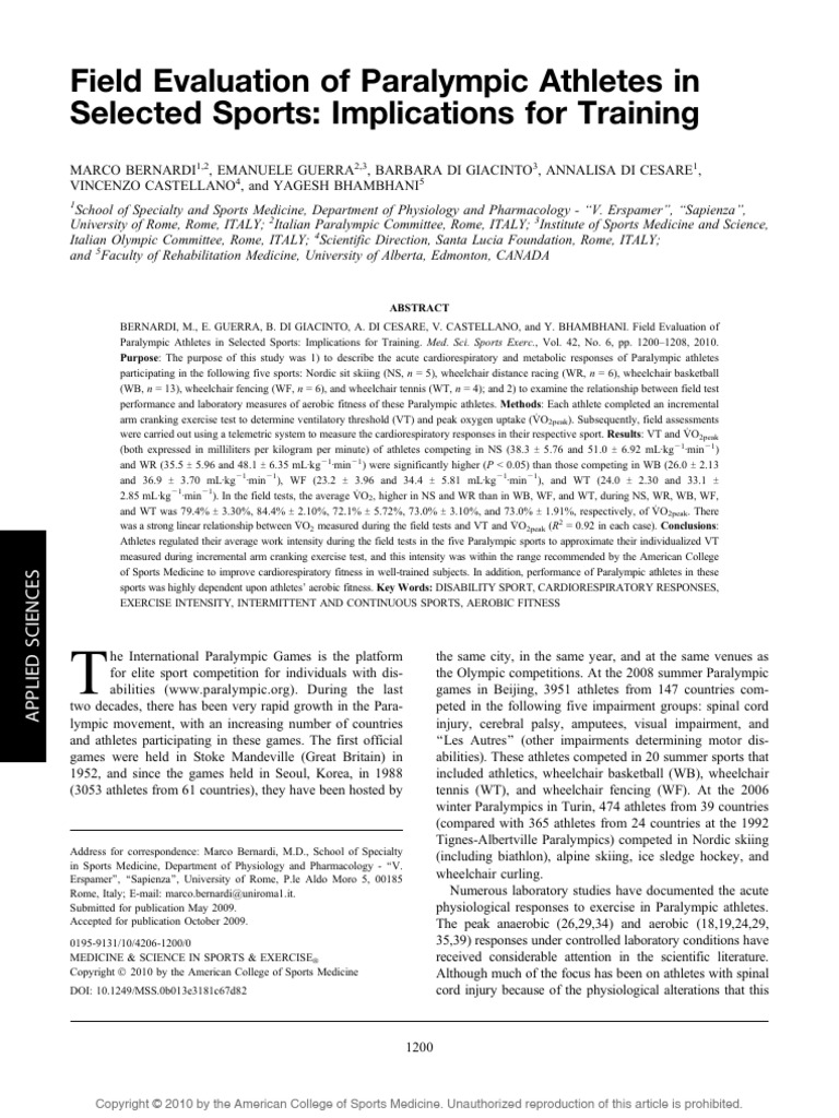 Field Evaluation of Paralympic Athletes In.20 | PDF