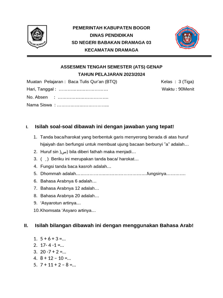 Soal Btq Kelas 3 Pdf