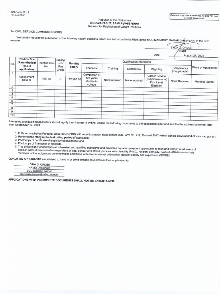 Publication of Vacant Position - August 27 2024 3 | PDF