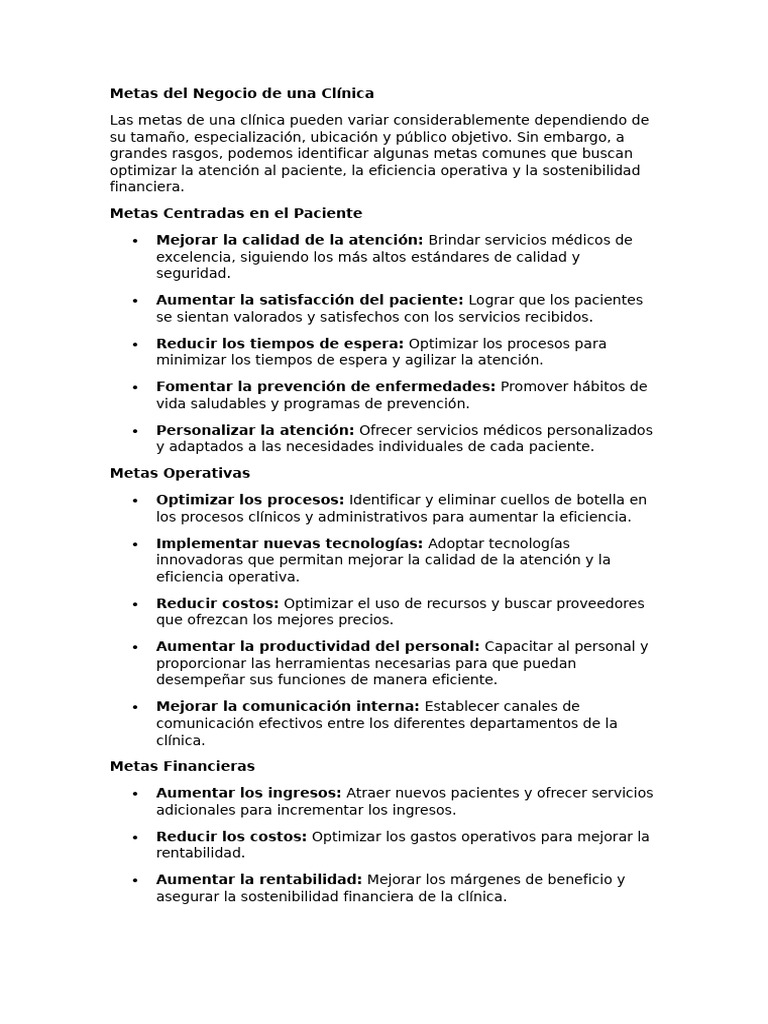 Metas Del Negocio de Una Clínica | PDF