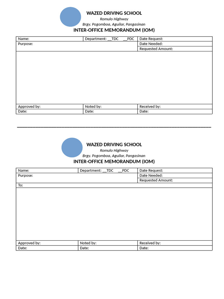 WAZED DRIVING SCHOOL Interoofice Memorandum | PDF