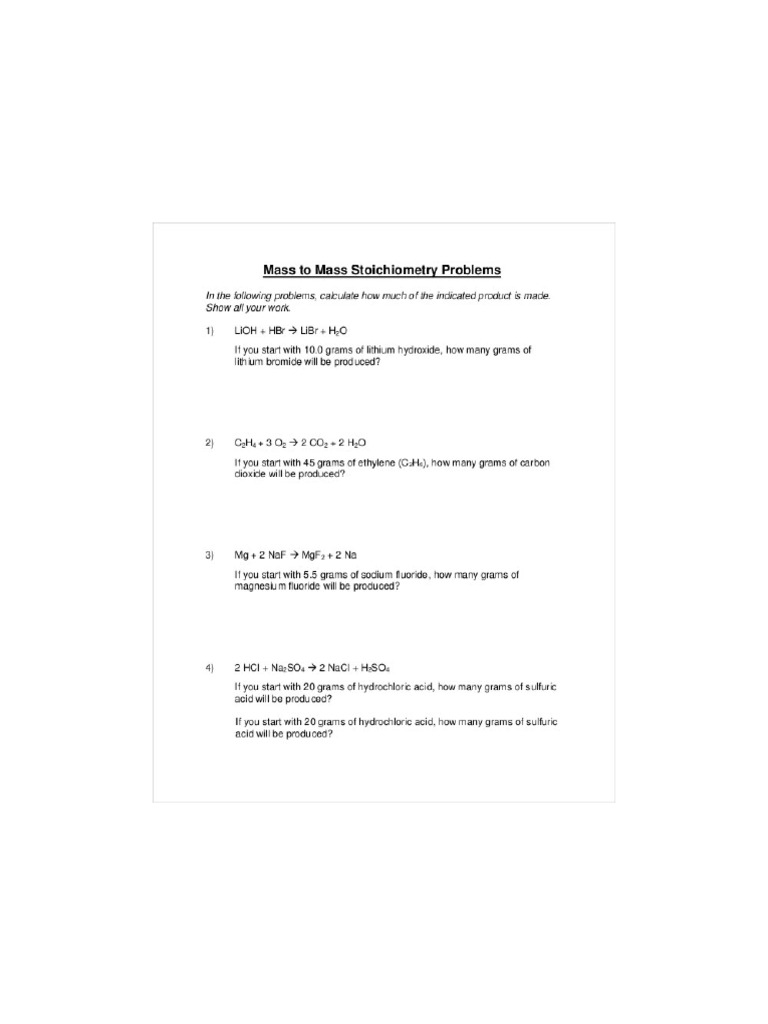 Mass To Mass Stoichiometry Worksheet | PDF