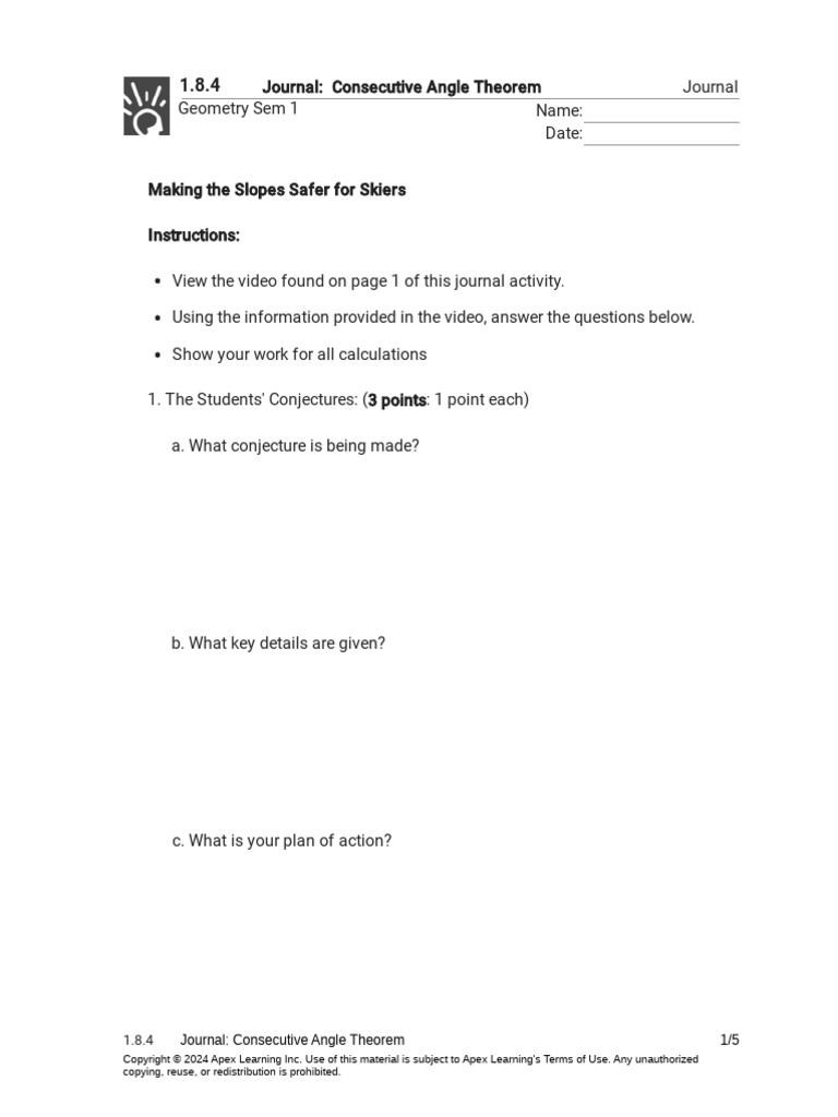 1.8.4 Journal - Consecutive Angle Theorem (Journal) | PDF