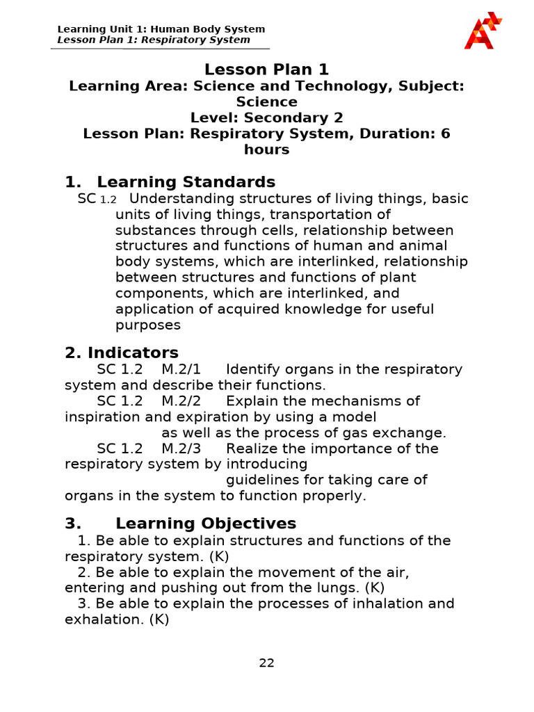 Lesson Plan 1-1 Respiratory System | PDF