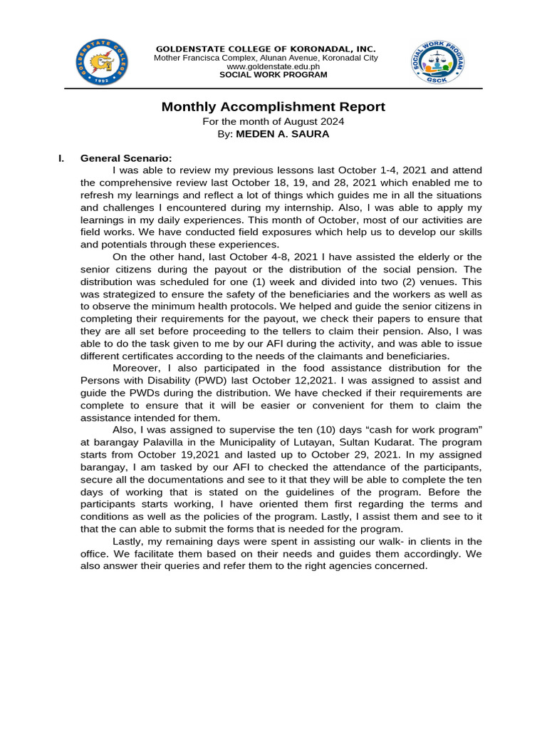 Medena monthly accomplishment report pdf