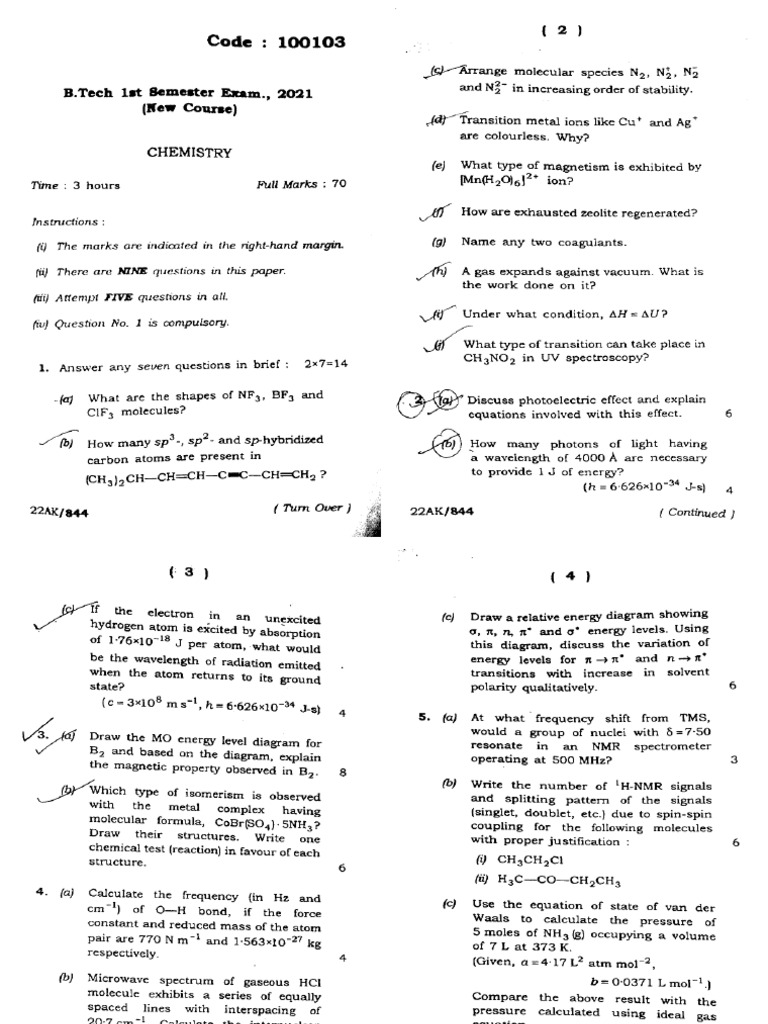 Btech 1 Sem Chemistry 100103 2021 | PDF