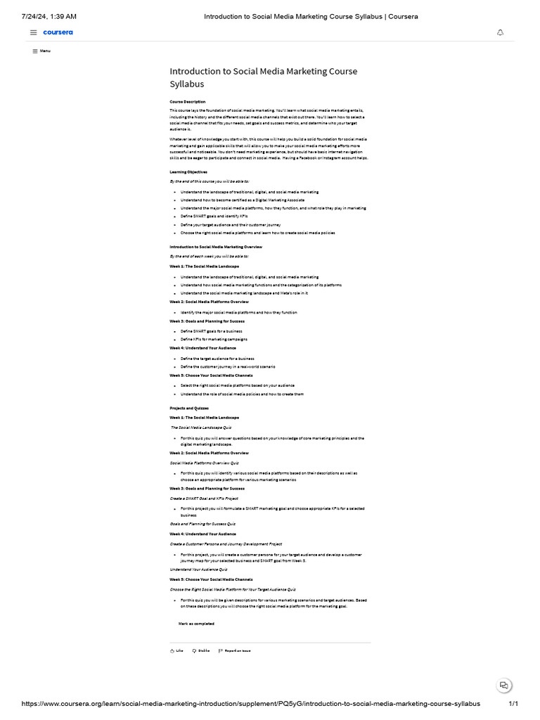 Introduction To Social Media Marketing Course Syllabus - Coursera | PDF