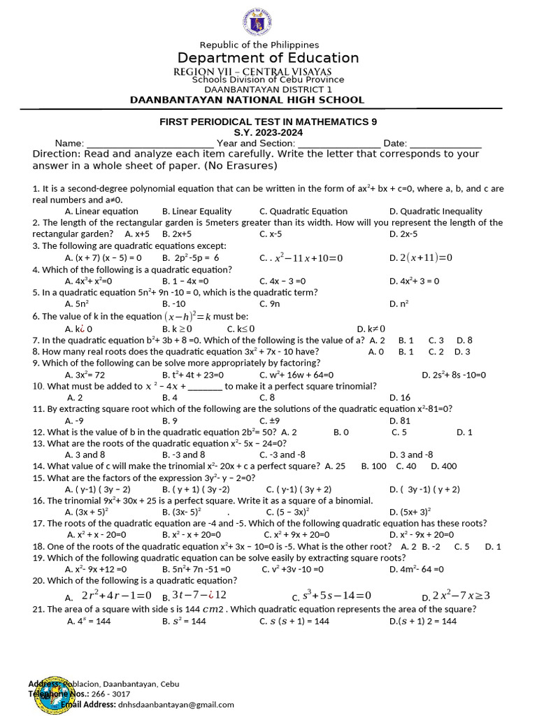 Grade 9 Math Periodical Test Q3 | PDF | Equations | Quadratic Equation