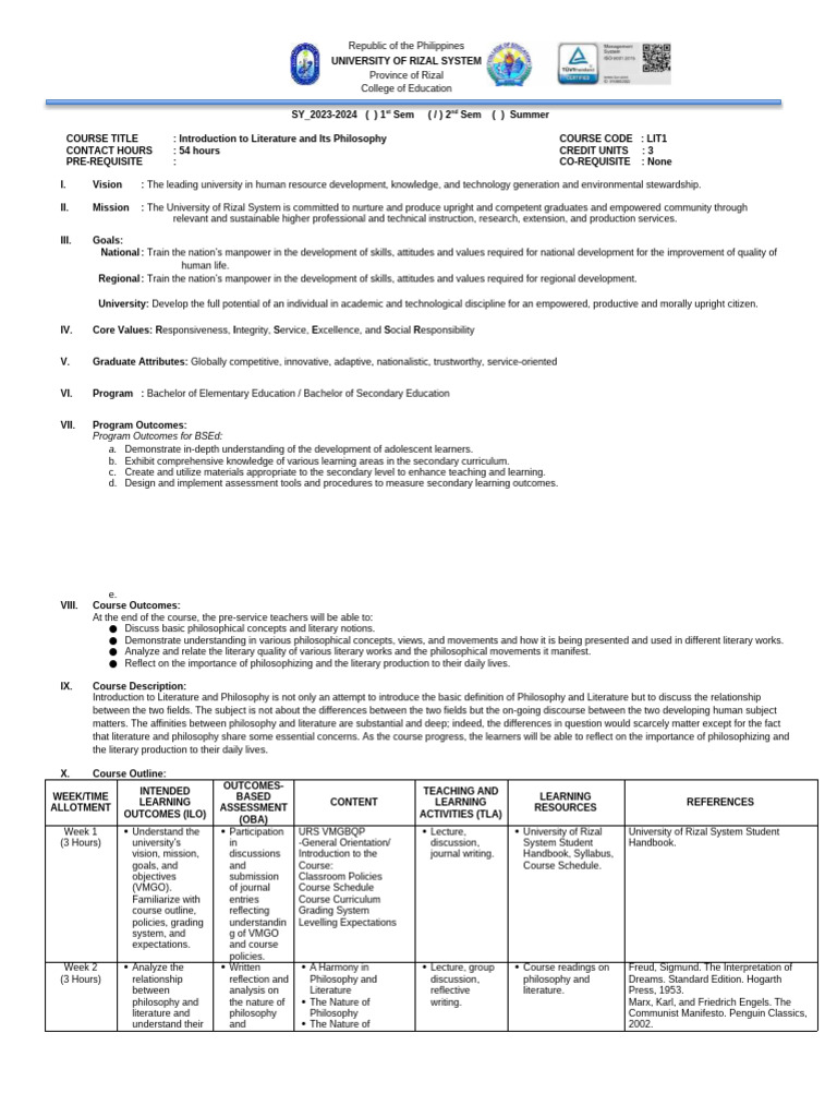 Course Syllabus OBE Format LIT1 | PDF