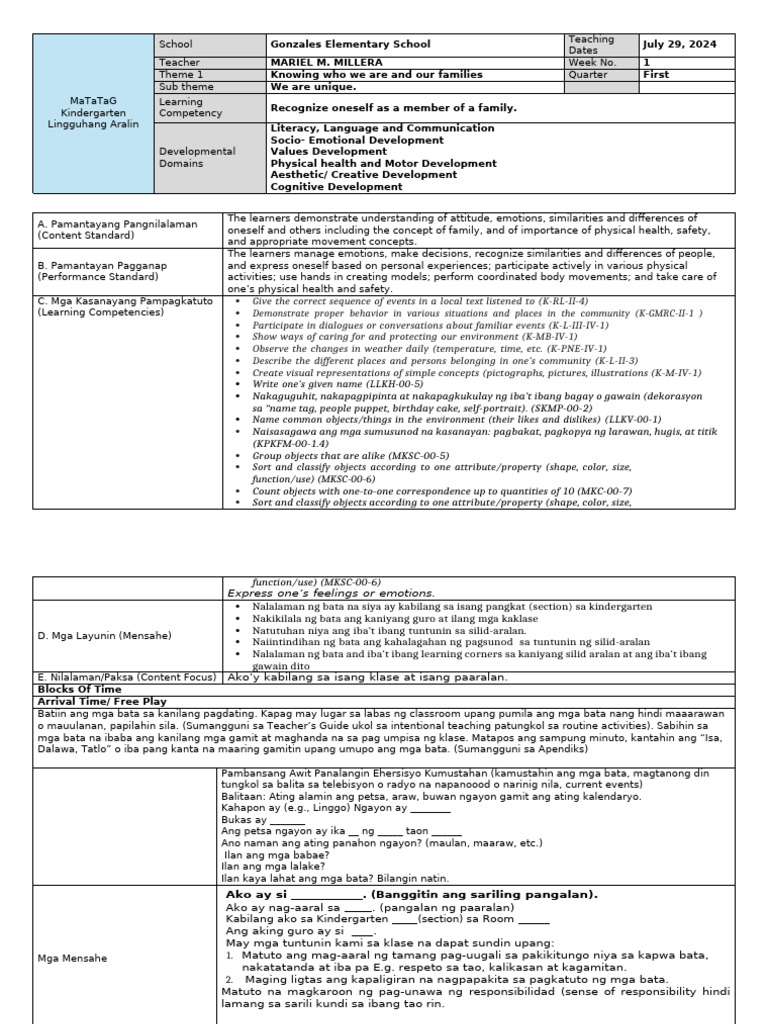 Kindergarten Matatag Q1 W1 | PDF