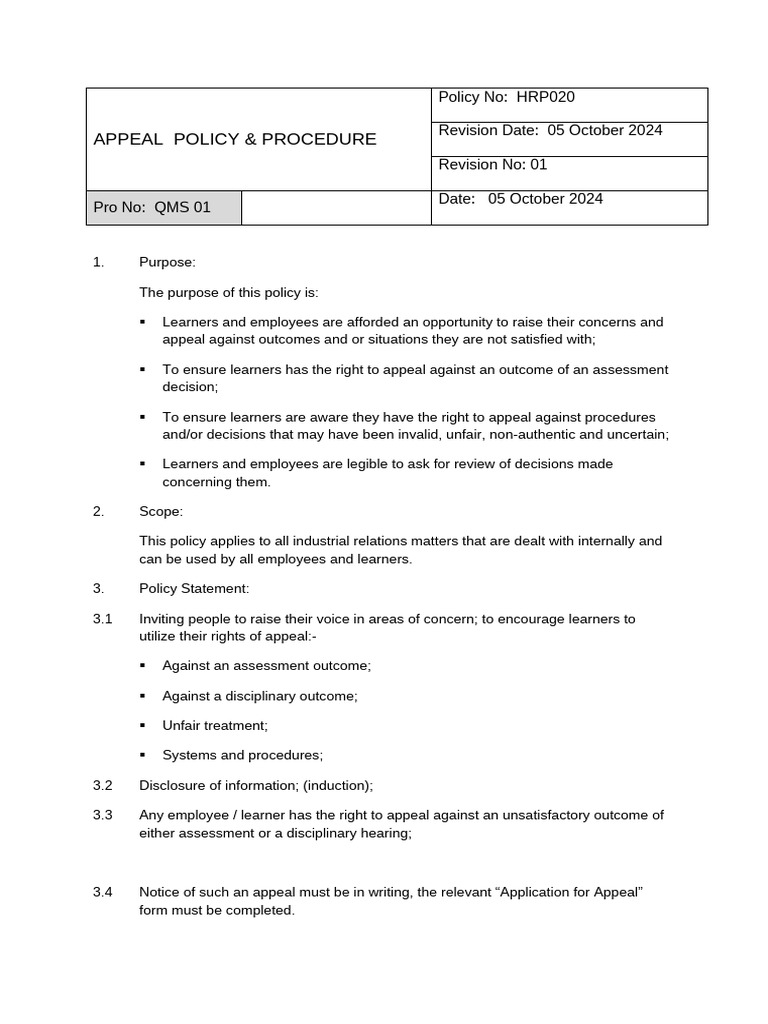 APPEAL POLICY Sample | PDF