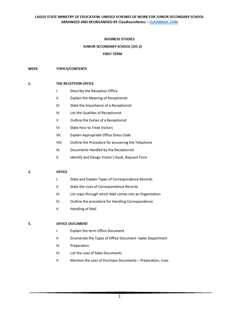 Business Studies Scheme of Work For Junior Secondary School JSS 2 | PDF