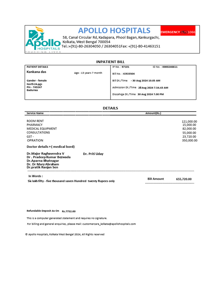 Apollo Hospital Inpatient Bill Summary | PDF | Health Care