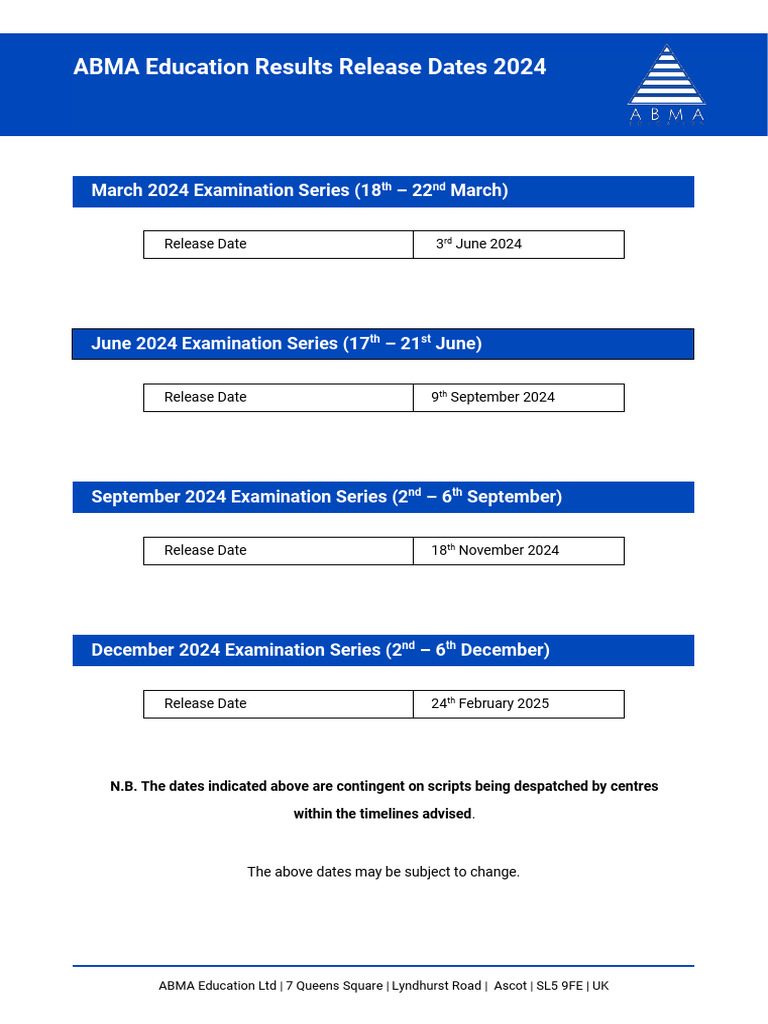 ABMA Results Release Dates 2024 | PDF