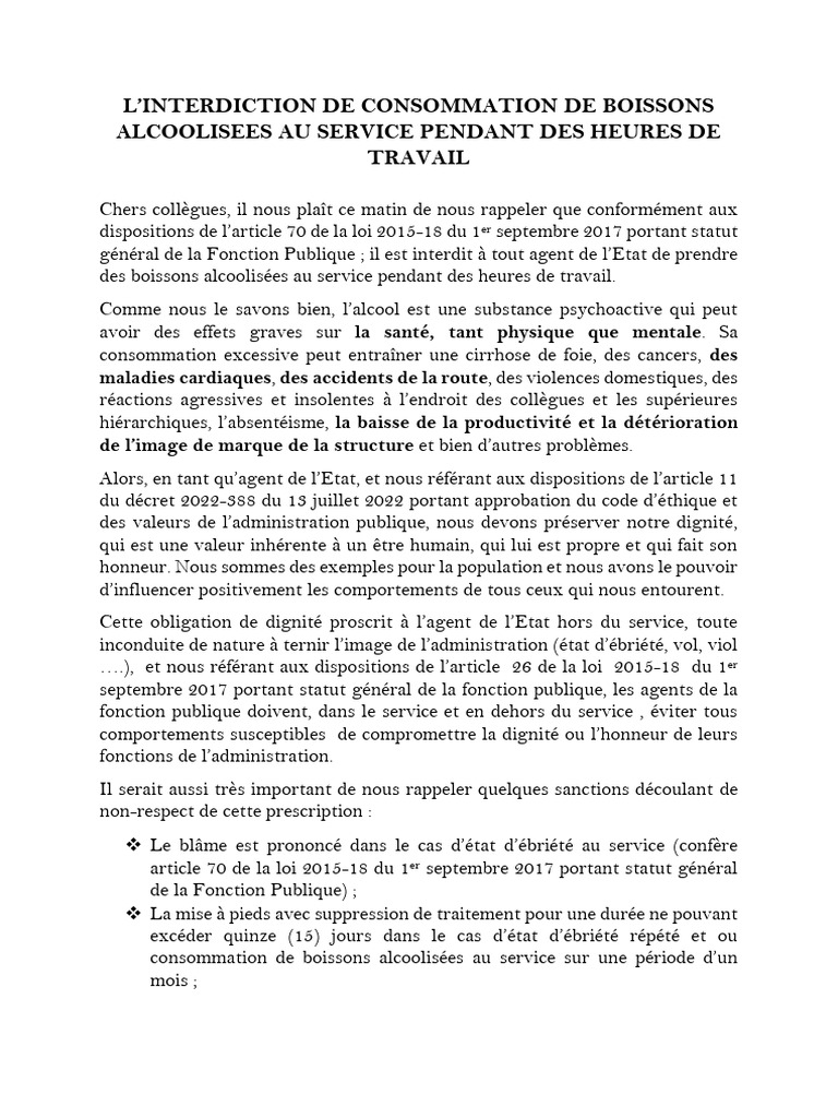 Interdiction d'alcool au travail | PDF | Boissons alcoolisées