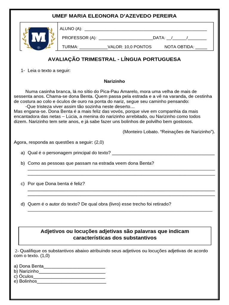 Avaliação de Portugues 2 Trimestre | PDF