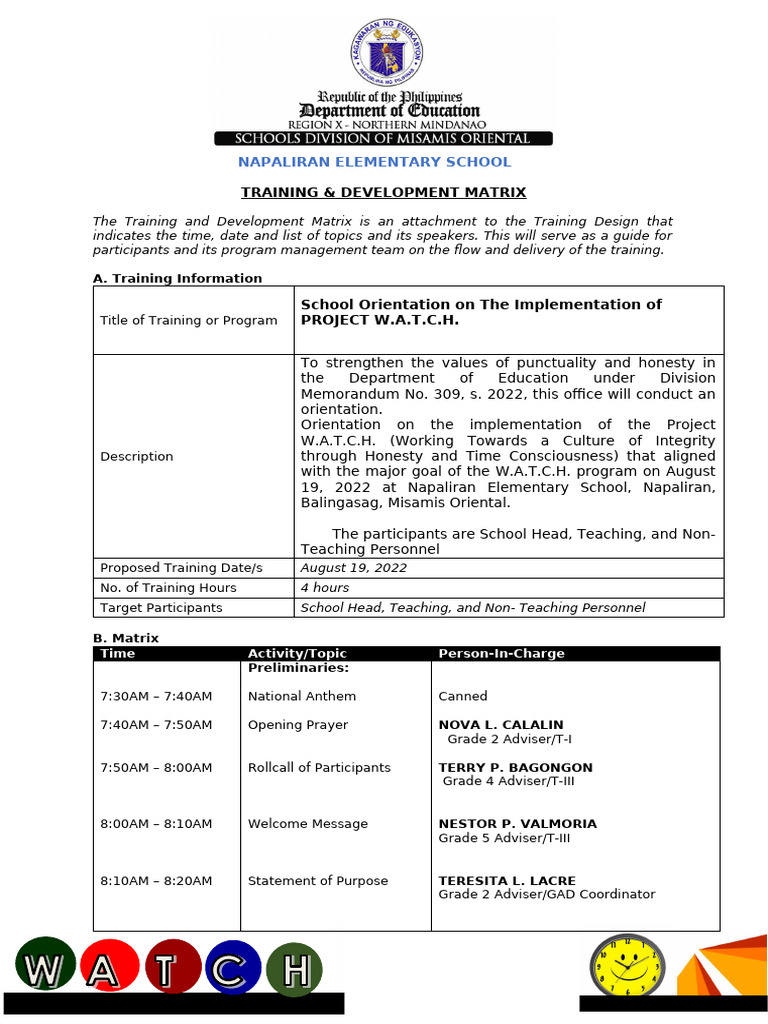 PROJECT W.A.T.C.H. Training Matrix | PDF