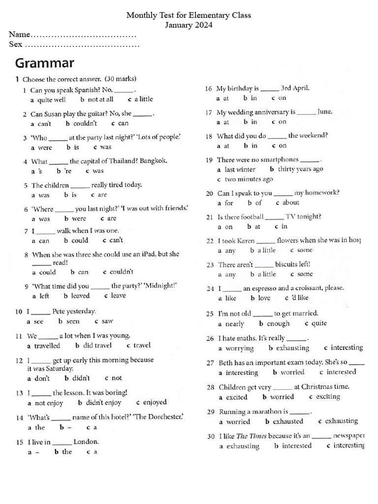 Monthly test for elementary class pdf