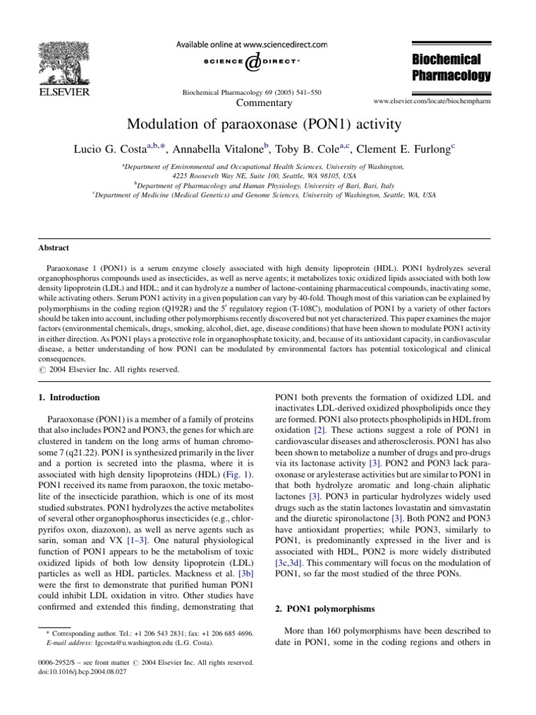 Modulation of Paraoxonase (PON1) Activity | PDF