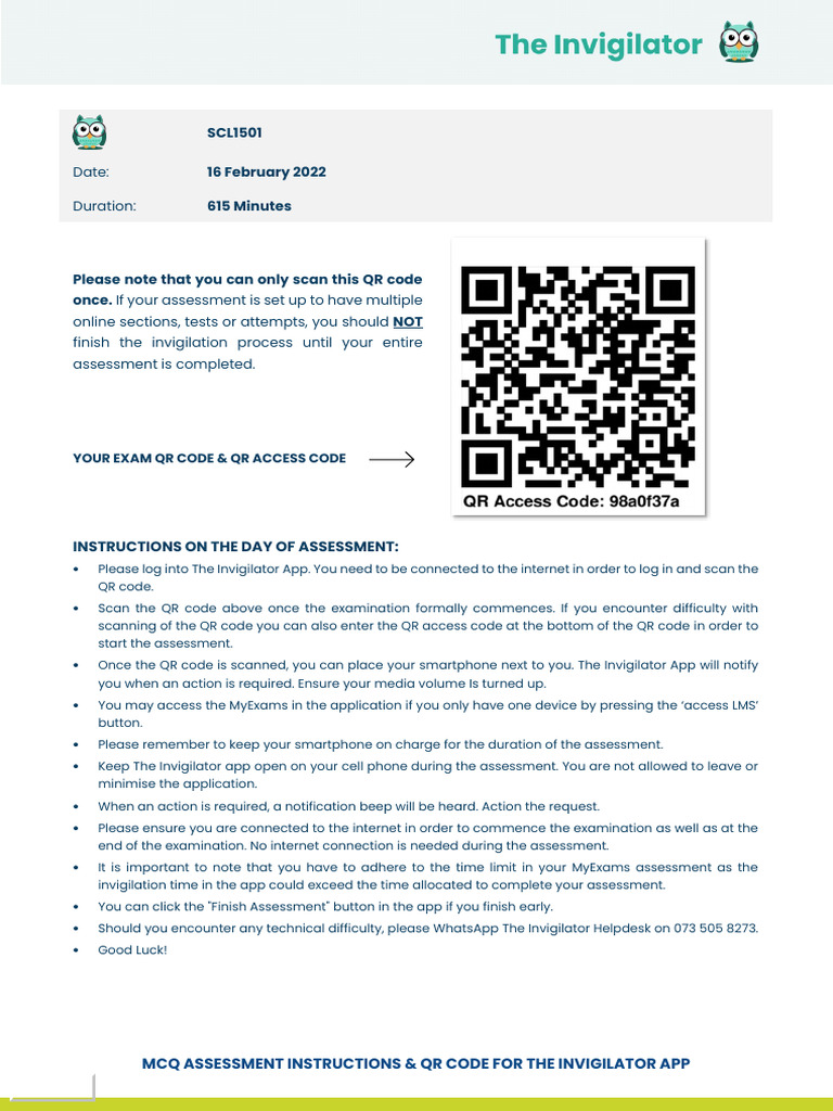MCQ QR Code and Instructions Distribution To Students SCL1501 1 | PDF